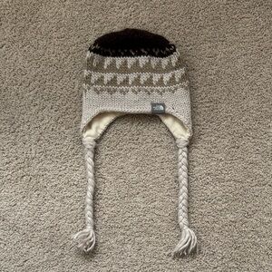The North Face Beige and Dark Brown Earflap Knit Hat